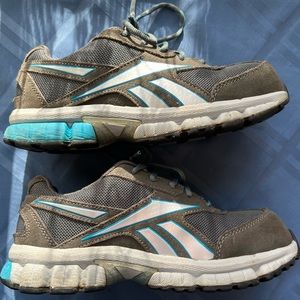 Grey with blue accent Reebok Safety shoes, slip & oil resistant.